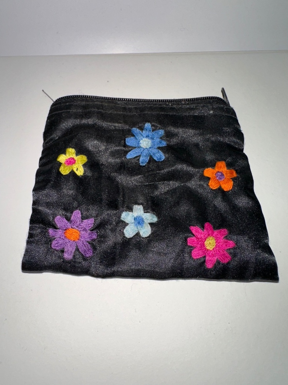 Y2K Black Satin Embroidered Floral Change Purse Coin Pouch